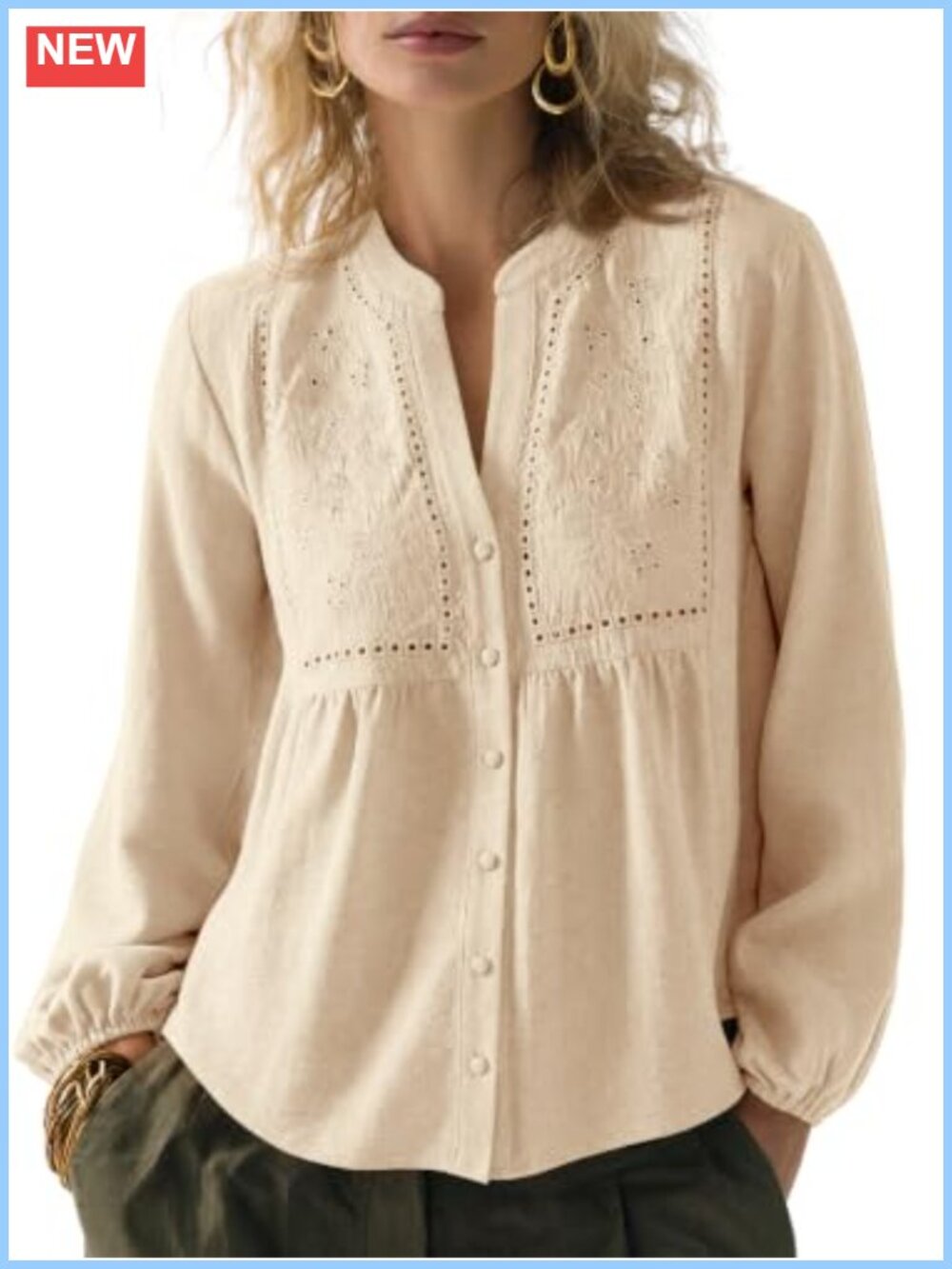 Women Flowy Boho V-Neck Button Up Embroidered Blouse